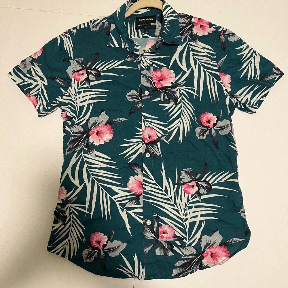Bonobos Button Shirt Men M Hawaiian Floral All Over Print Tailored Fit Green